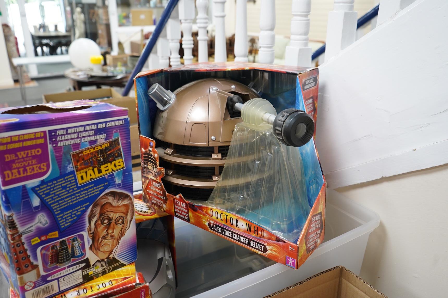 A small collection of Doctor Who items including; a Product Enterprise dalek, a BBC issue Cyberman Voice Changer, a BBC issue Dalek Voice Changer helmet, an early Doctor Who annual, etc.